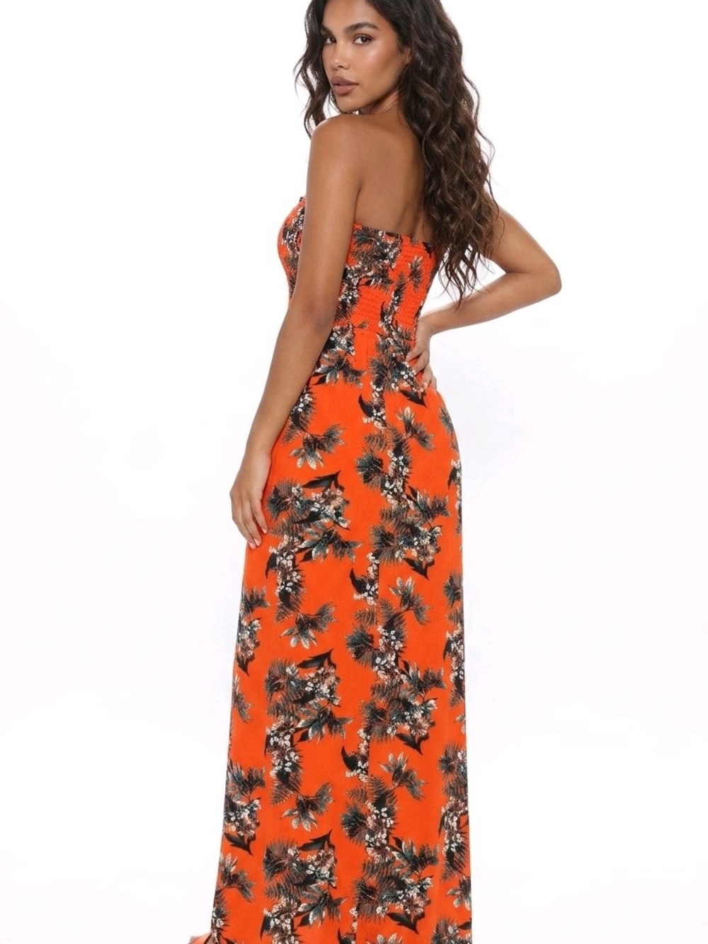 Strapless Orange Tropical Maxi Dress